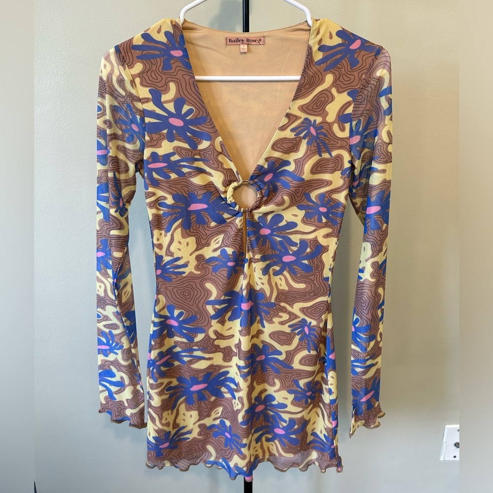 Bailey Rose Retro Floral Sheer Sleeve Dress